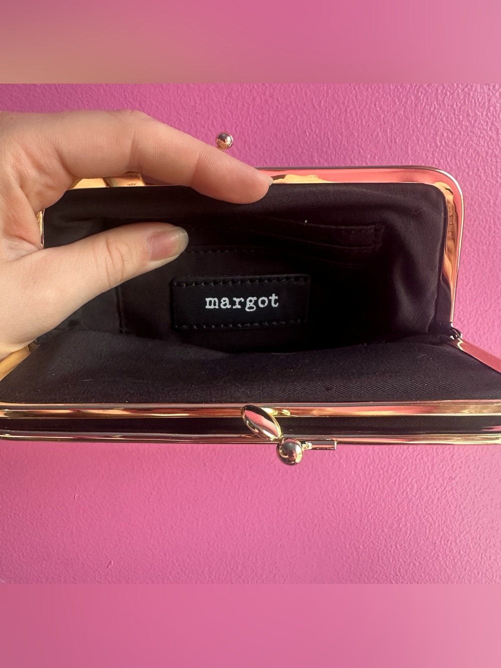 Margot Black Leather Dual Pocket Kisslock Pouch w/ Gold Hardware